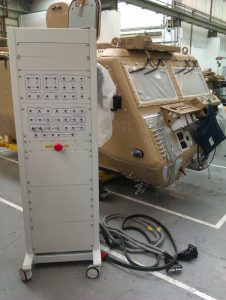 Special test equipment for military vehicle. Test console with Foxhound military vehicle.